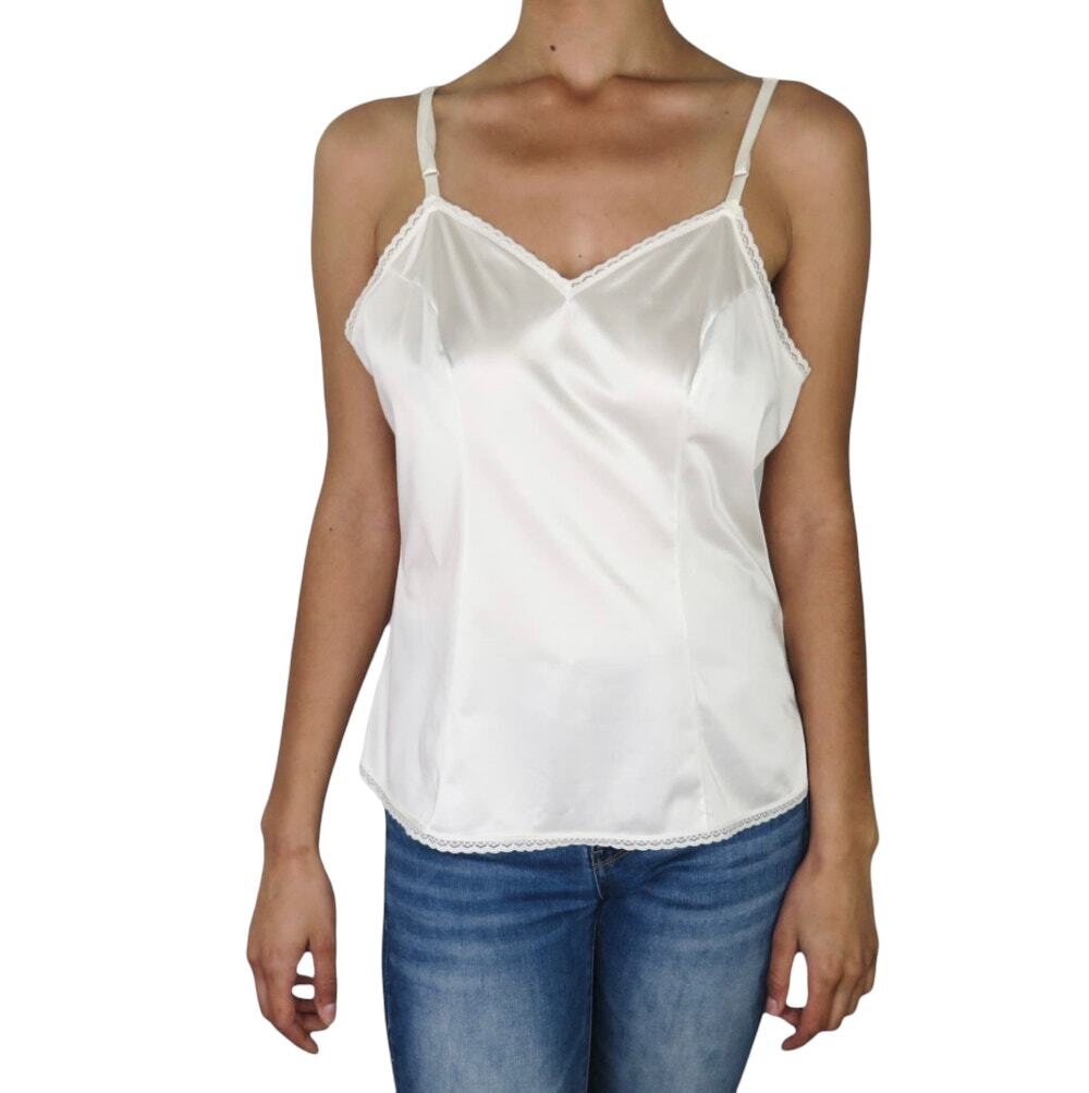 1990s Vanity Fair White Satin Slip Cami Lace Trim Vintage Lingerie Boudoir 36